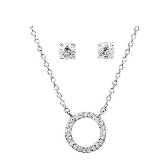 New~DIAMONIQUE Small Infinity Circle Necklace & Stud Earring Set~925 Sterling - Picture 2 of 2